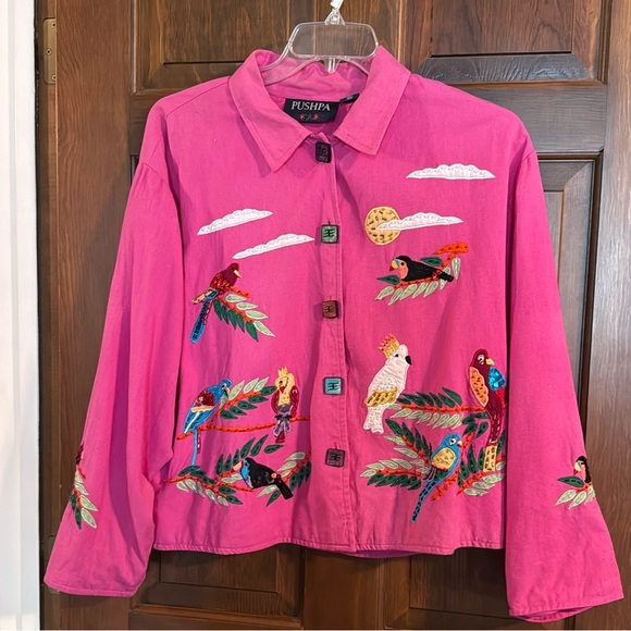 Pushpa linen cotton pink jacket tropical birds beads sequins square buttons XL - Picture 1 of 16